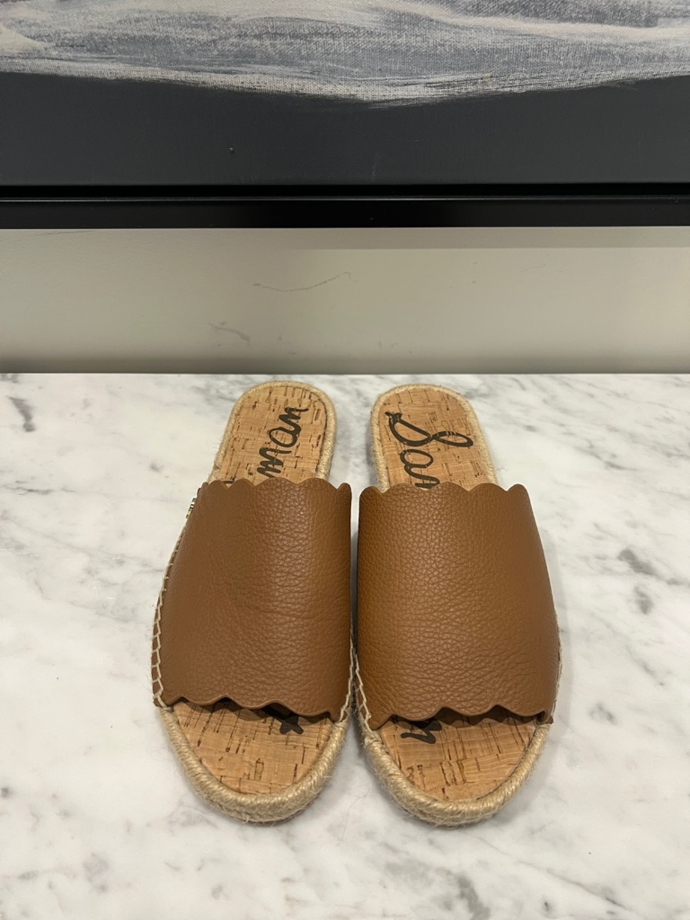 Sam Edelman Tan Brown Scalloped Leather Slide Mules